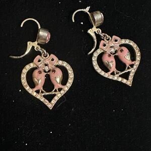 Pink Lovebird Heart Earrings Rhinestone Enamel Dangle Leverback Romantic Cute